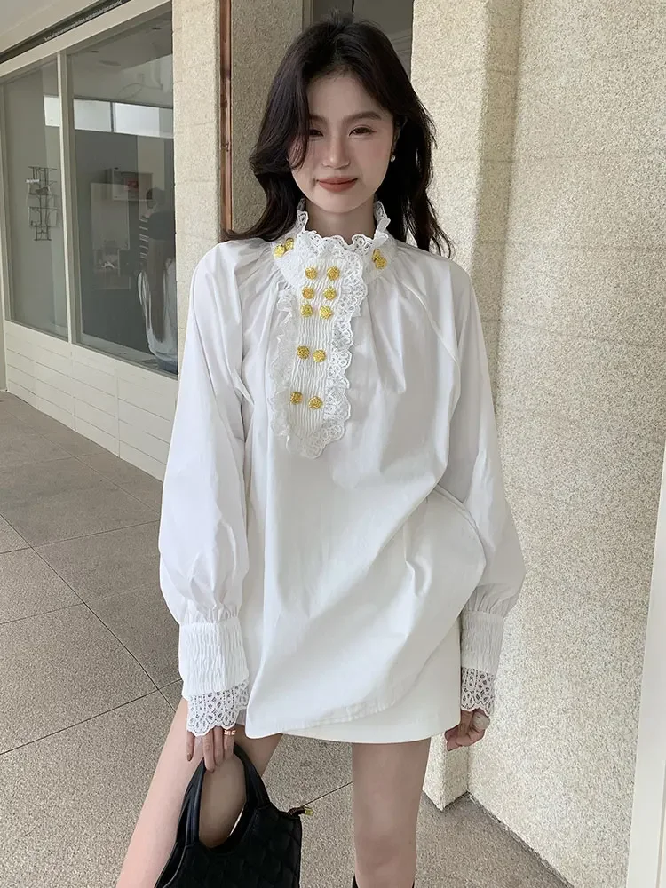 GALCAUR Solid Fashion Spliced Ruffles Blouse for Women Stand Neck Long Sleeve Patchwork Button Temperament Top Female Clothing