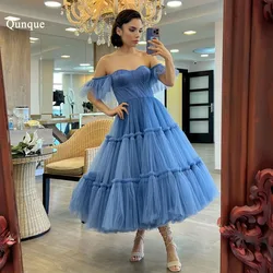 Qunque Tulle Evening Dresses Sweetheart Short Sleeves Customized Prom Gowns Wedding Guest Outfits Tea Length Robes De Soirée