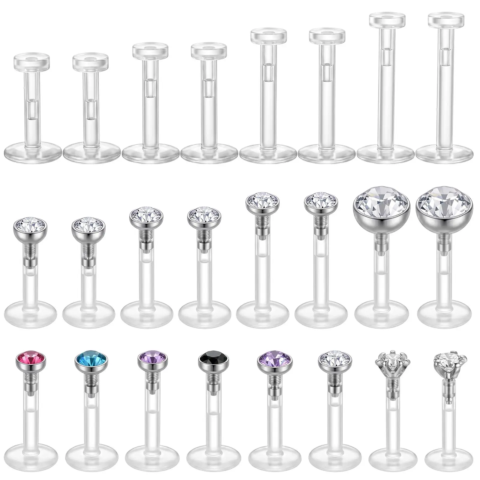 24 Pcs Clear Lip Rings Studs Earrings for Work Sport 16G Piercing Retainers Plastic Push in Lip Labret Bioflex Flat Back Tragus