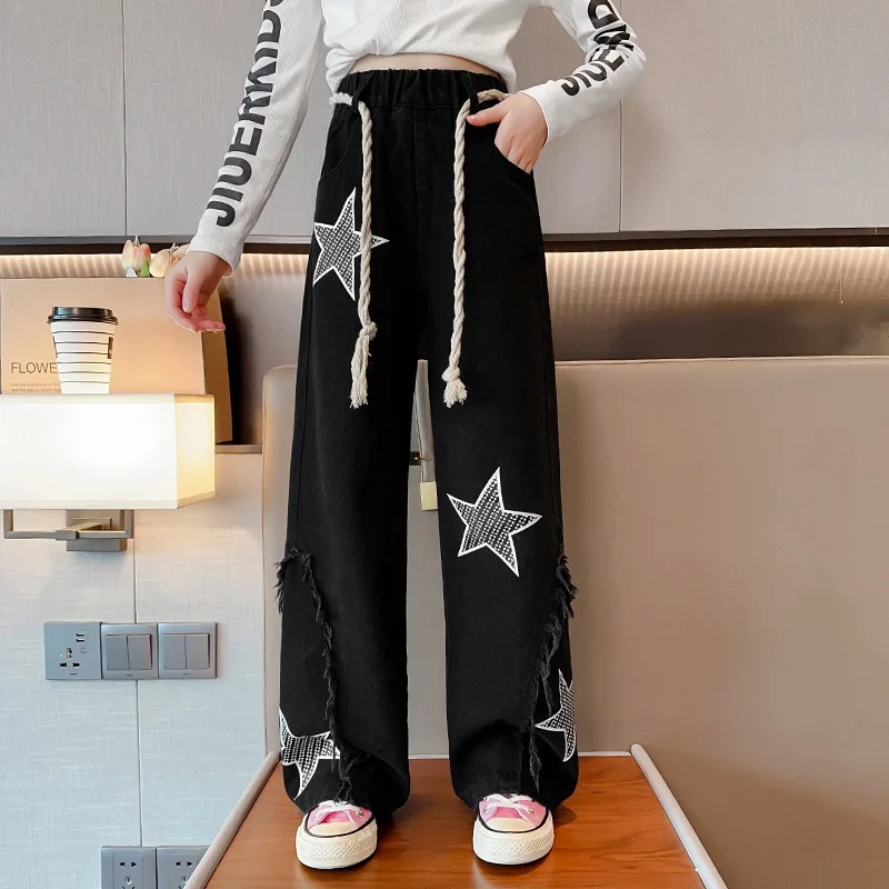 

Fashion Spring Teenage Girls Jeans Trousers Cotton Children Geometric Star Long Pants Korean Kids Wide Leg Denim Pant 8 To 12 Y