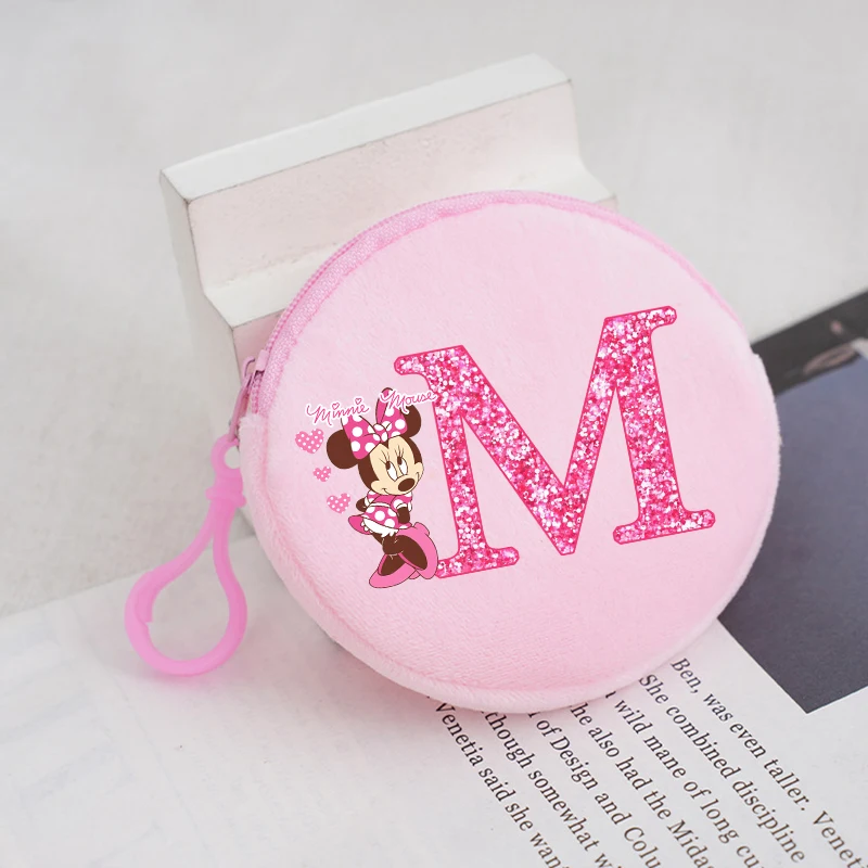 Minnie Mouse Round Plush Coin Purse Disney Anime Cartoon Letter Printed Wallet Boys Girls Portable Mini Key Storage Bags Gifts