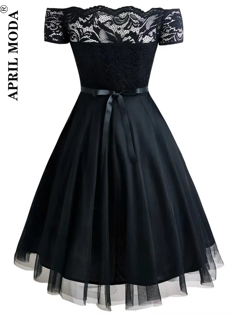 Women Vintage Lace Dress Formal Red Black Green Slash Neck Tulle Midi Jurken Chic Retro Gothic 50s Swing Dresses Party Clothing image 2