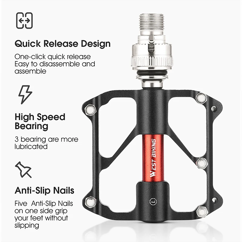 WEST BIKING Quick Release Bicycle Pedal CNC Aluminum Alloy 3 Bearings Non-slip MTB Pedal Chrome Molybdenum Steel Bike Road Pedal