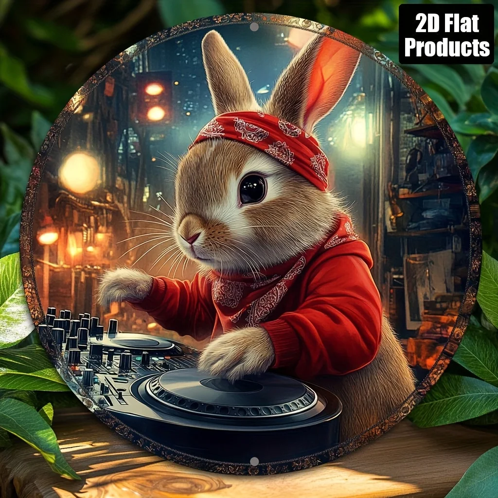 

1pc Vintage-Style 8x8" Aluminum Wall Art - Adorable Rabbit DJ Scene With Headphones & Mixing Board, Perfect For Home, Bar, Cafe,