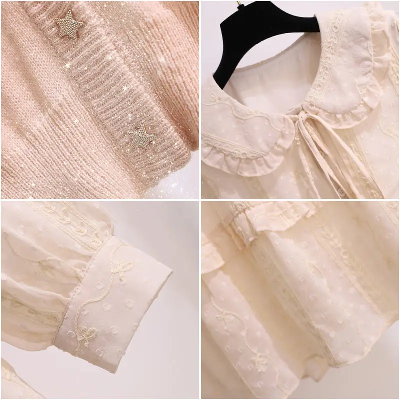 Zestawy damskie Sukienki do połowy łydki Solidny kołnierzyk Piotruś Pan Vintage Słodkie falbany Vestidos Bufiaste rękawy Eleganckie kardigany 2 szt.