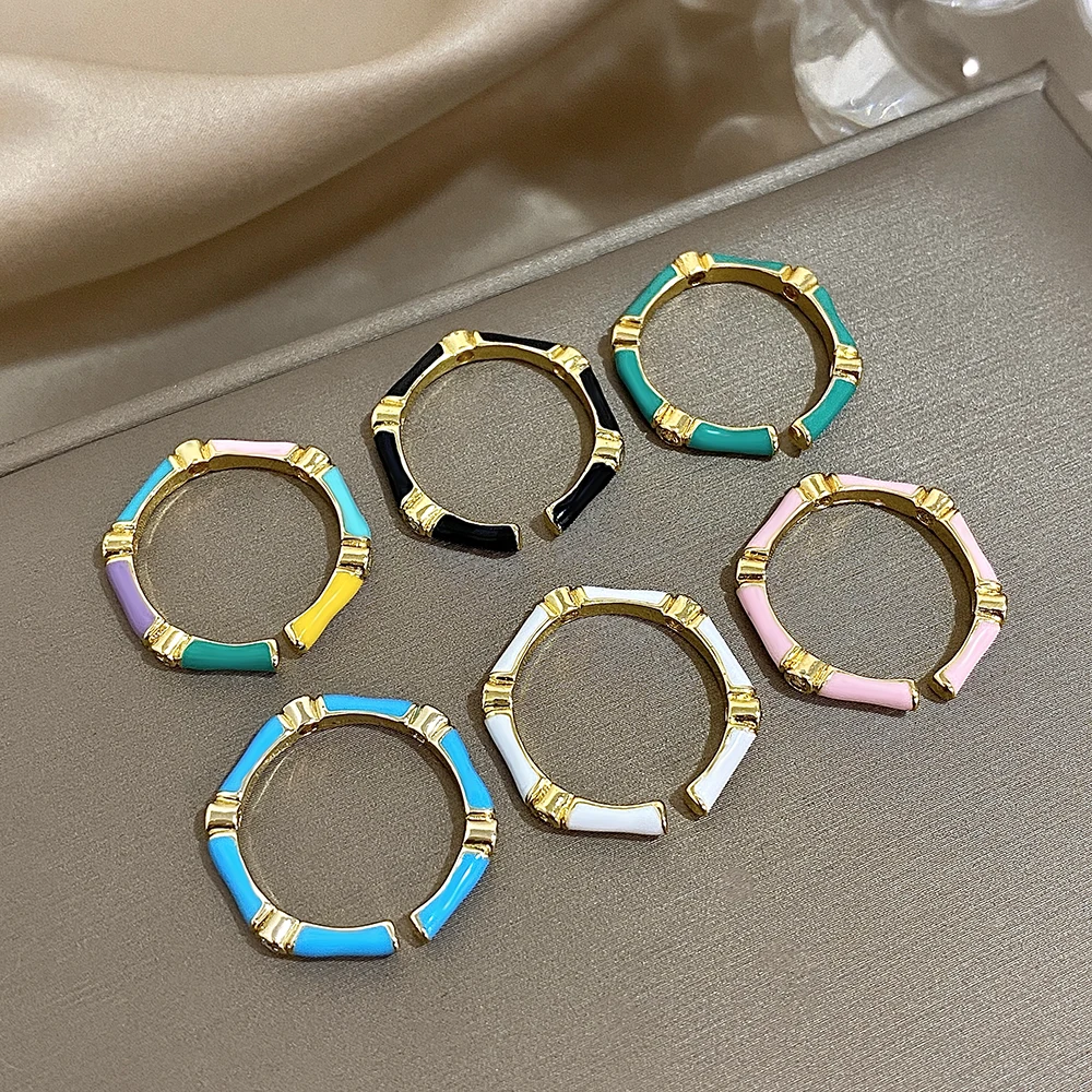 Greatera Drop Oil Hexagonal Men Women Ring Design Colorful Zircon Bamboo Section Simple Delicat Handmade Geometry Jewelry Chic