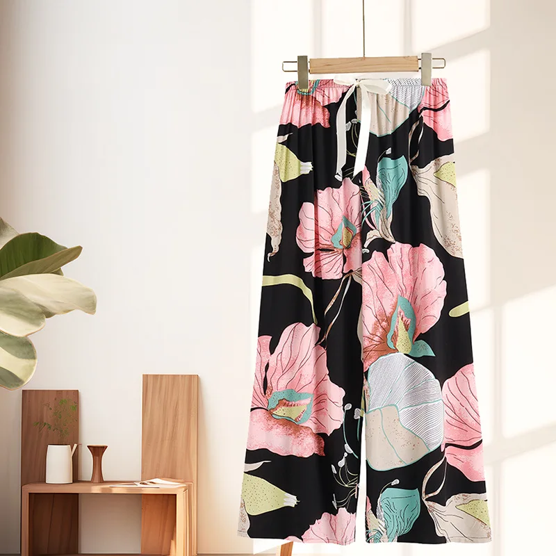 Lightweight Cotton Silk Wide Leg Pants Casual Summer Women's Breathable Loose Home Wear Nine Points Skirt Pants Air Condition...