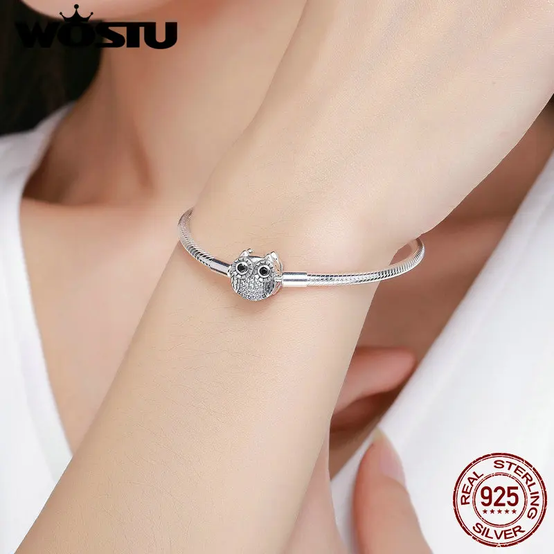 WOSTU Genuine 925 Sterling Silver Owl Design Charm Bracelet & Bangle For Women Fit Original Brand DIY Beads Jewelry CQB067