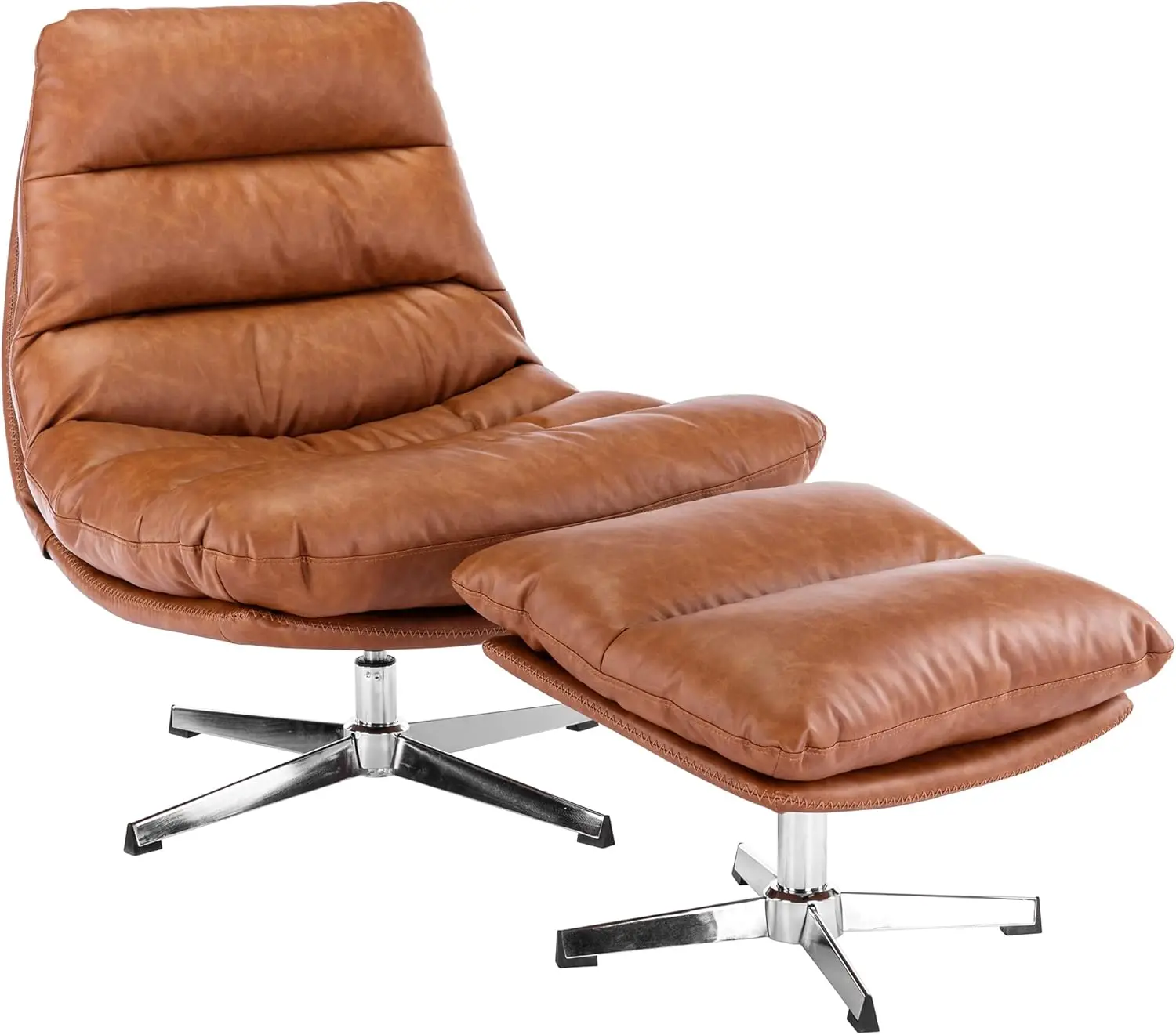 

Comfy Accent Swivel Lounge Chair with Ottoman, Faux Leather Upholstered Oversized Club Chair, for Living Room/Bedroom, Brown