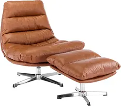 Comfy Accent Swivel Lounge Chair with Ottoman, Faux Leather Upholstered Oversized Club Chair, for Living Room/Bedroom, Brown