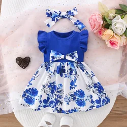 Summer New Blue Bow Baby Girl Dress, Fashionable Children'S Clothing With Free Hairband (6 Months -3 Years Old)