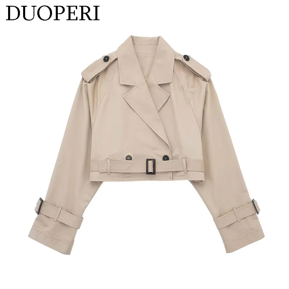 DUOPERI Women Fashion Casual Jacket Notched Collar Long Sleeves Waist Belt Female Chic Lady Casual Outwear Short Overcoat