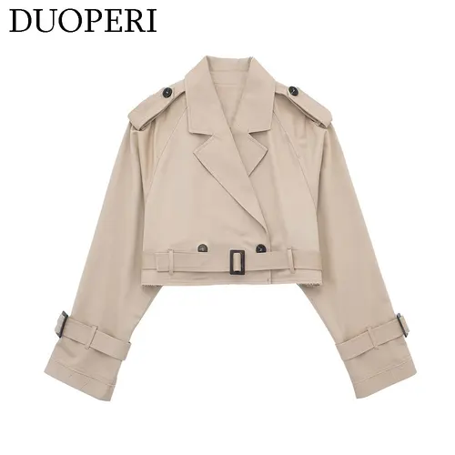 Imagen 2 del producto DUOPERI-Chaqueta informal para mujer, abrigo corto de manga larga con cuello con muescas, cinturón de cintura, prendas de vestir a la moda