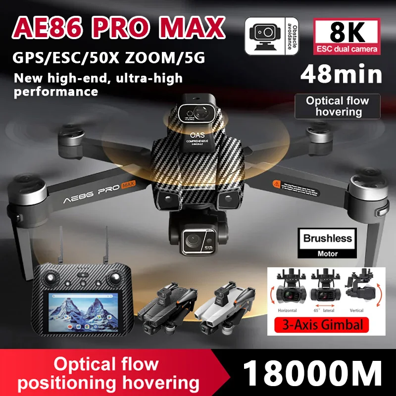 AE86 Pro Max FPV Drone with 8K Dual Camera ESC 5G 50X Zoom EIS 3-Axis PTZ 360°Obstacle Avoidance Brushless Foldable Drones