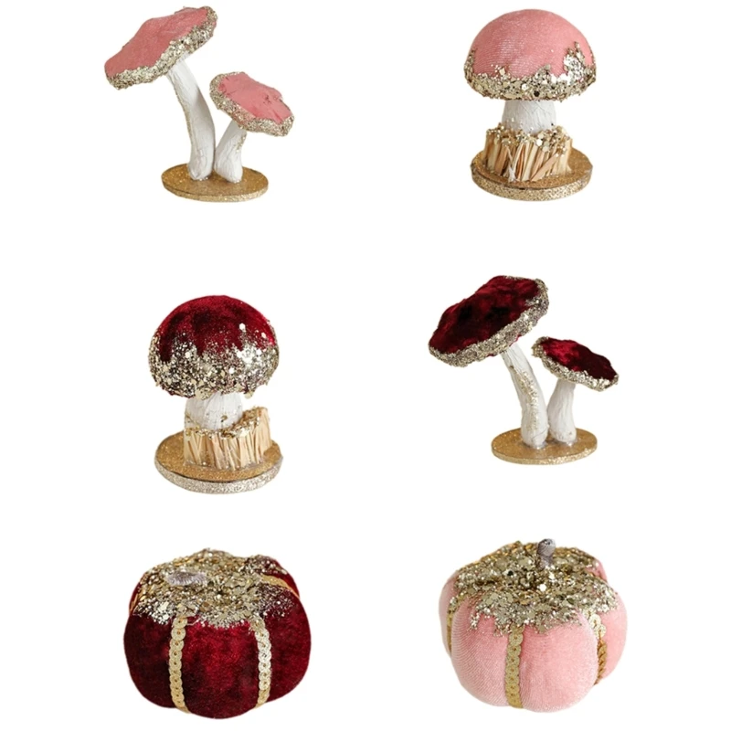 Elegant Glittering Sequined Pumpkin Mushroom Figurine Foam Velvets Ornament Home Decors for Christmas Festival Tabletop
