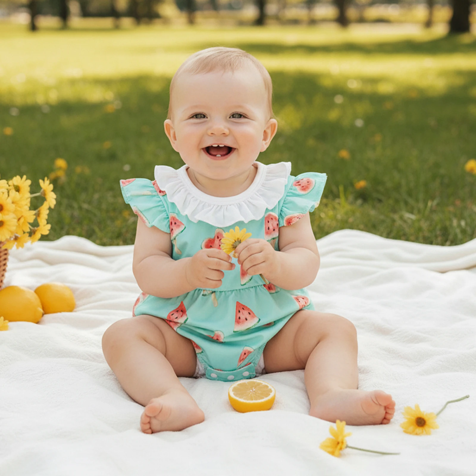 

Summer Newborn Baby Girls Casual Rompers Clothes Ruffles Fly Sleeve Crew Neck Fruit Print Jumpsuits Playsuits Overalls
