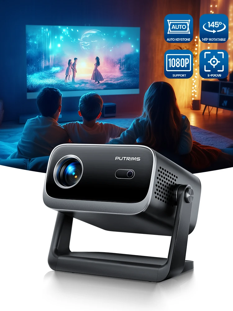 PUTRIMS Mini Vidéoprojecteur, 18000 Lumens Projecteur, Vidéoprojecteur Portable WiFi Bluetooth Full HD Supporte 1080P avec Angle 145° Projecteur Home Cinéma Electric Focus/Auto Keystone
