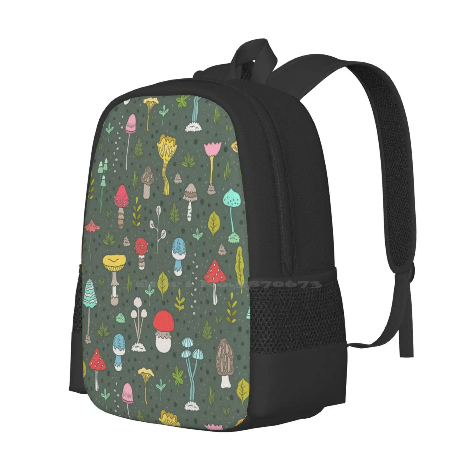 Mushrooms Pattern Design Laptop Travel School Bags Pattern Green Leaf Leaves Seamless Dottted Mushroom Vector Food Forest