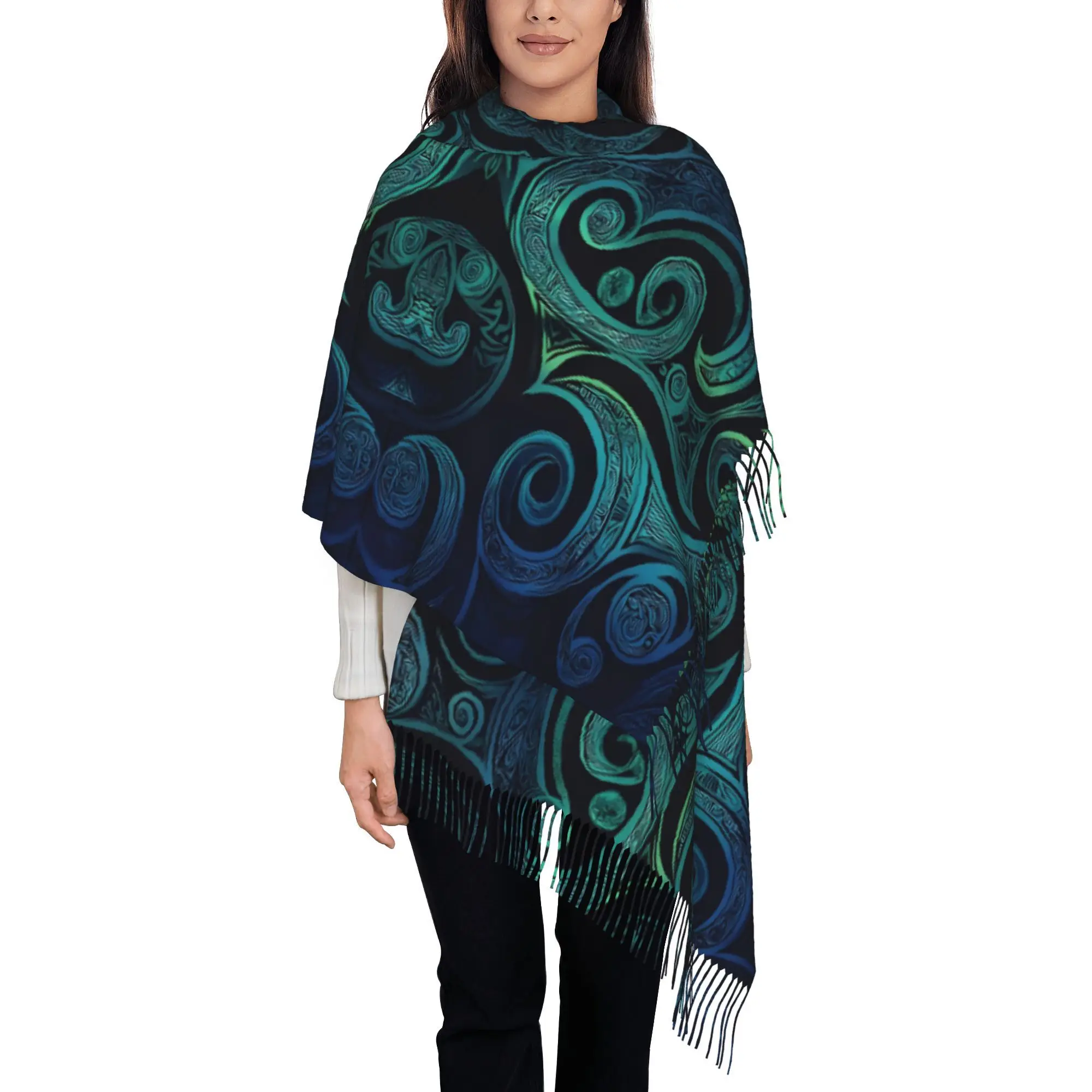 

Unisex Autumn And Winter Fashion Scarf Featuring a New Zealand Paua Mori Pattern Koru 302, Complete with Tassels