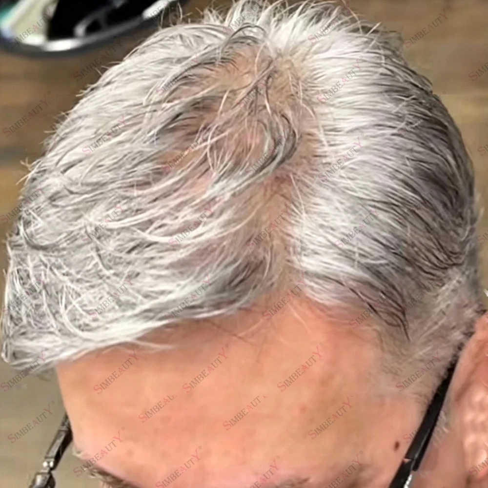 0.02-0.03mm Thinnest Poly Base Men's Human Hair Toupee 1B80 60R Grey Blonde Aged Men Hair Replacement 90% Density Invisible Wig