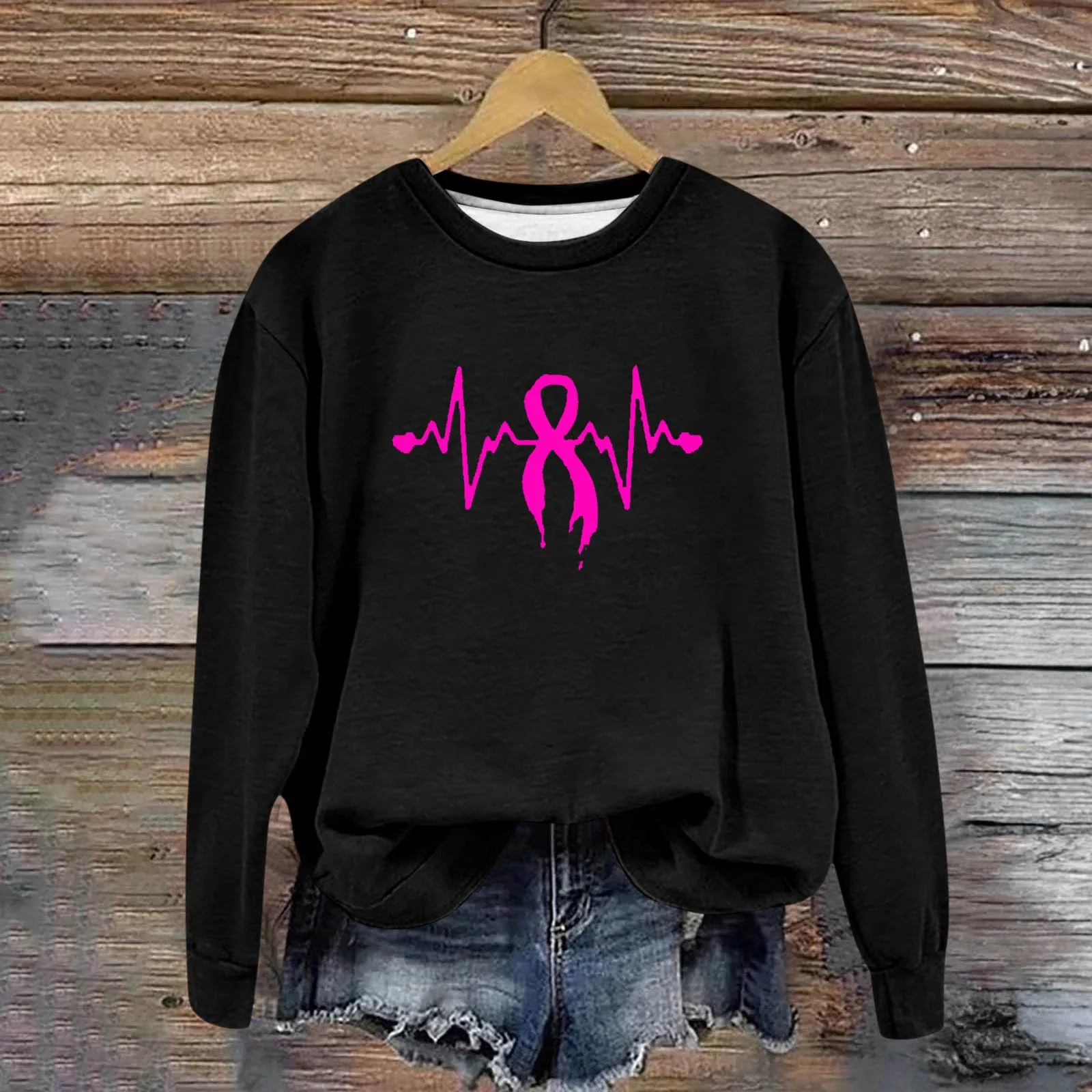 Women Breast Cancer Printed Hoodie Love Promotion Fashion Beautiful Casual Hoodies Round Neck Long Sleeve Winter Warm Jumper