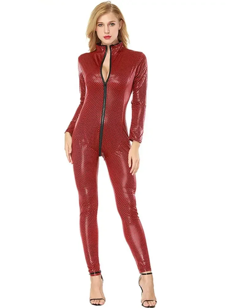 Unisex S-4XL Faux PU Leather Catsuit Long Sleeve Two Way Zipper Open Crotch Bodysuit Tights Sexy Leotard Conjoined Unitard Body