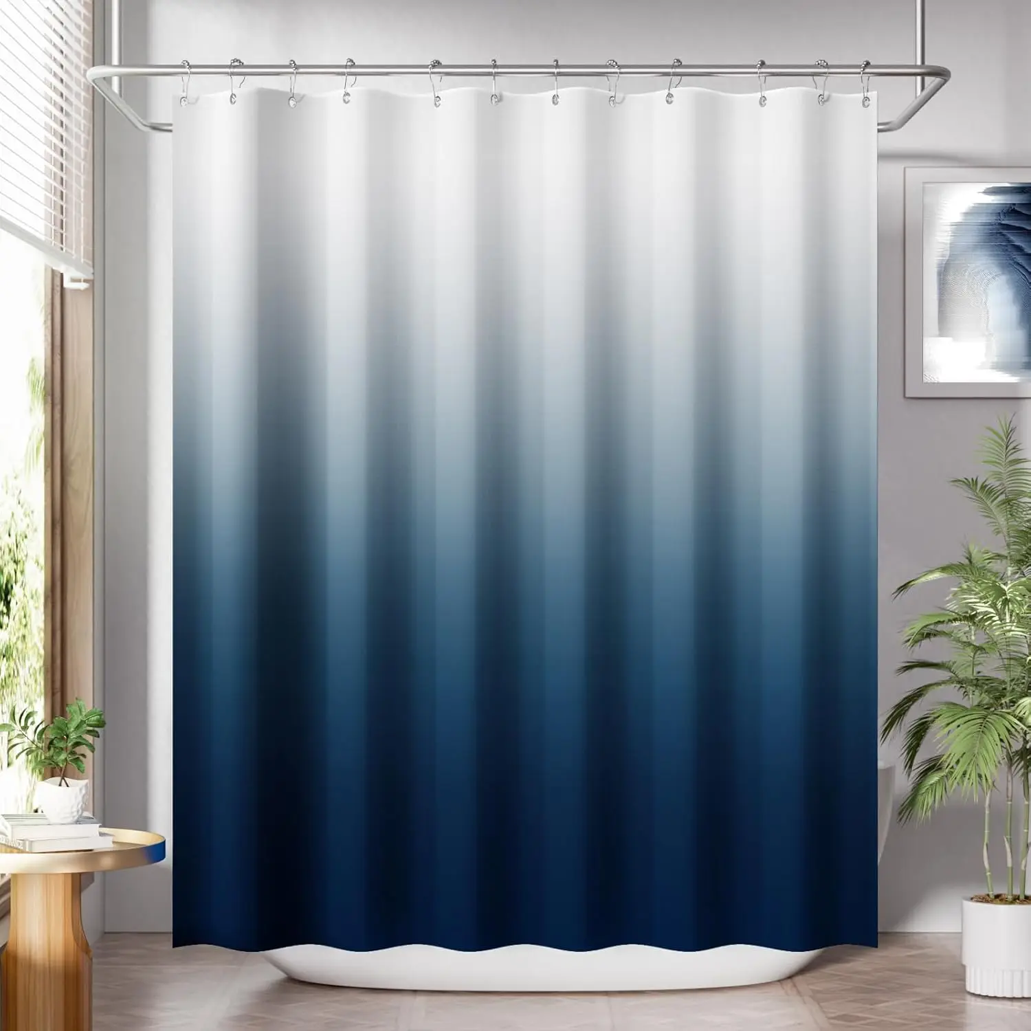 Blue Curtain Set with 12 Hooks, Washable Fabric Navy and White Curtain, Rustic Farmhouse Bathroom