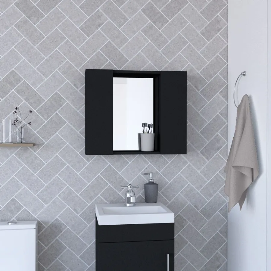 

Medicine Cabinet Hops Double Door Mirror One External Shelf Black gue Finish