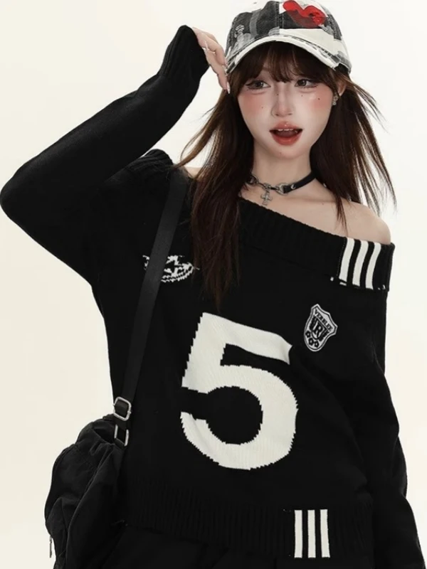 Sweter damski z dzianiny w stylu retro, z amerykańskim napisem, w paski, luźny krój, wyszczuplający, modny na jesień.