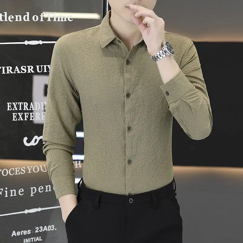 

Basic Turn-down Collar Shirts Spring Autumn Korean Solid Color Men's Clothing Single-breasted Business Casual Long Sleeve Shirts