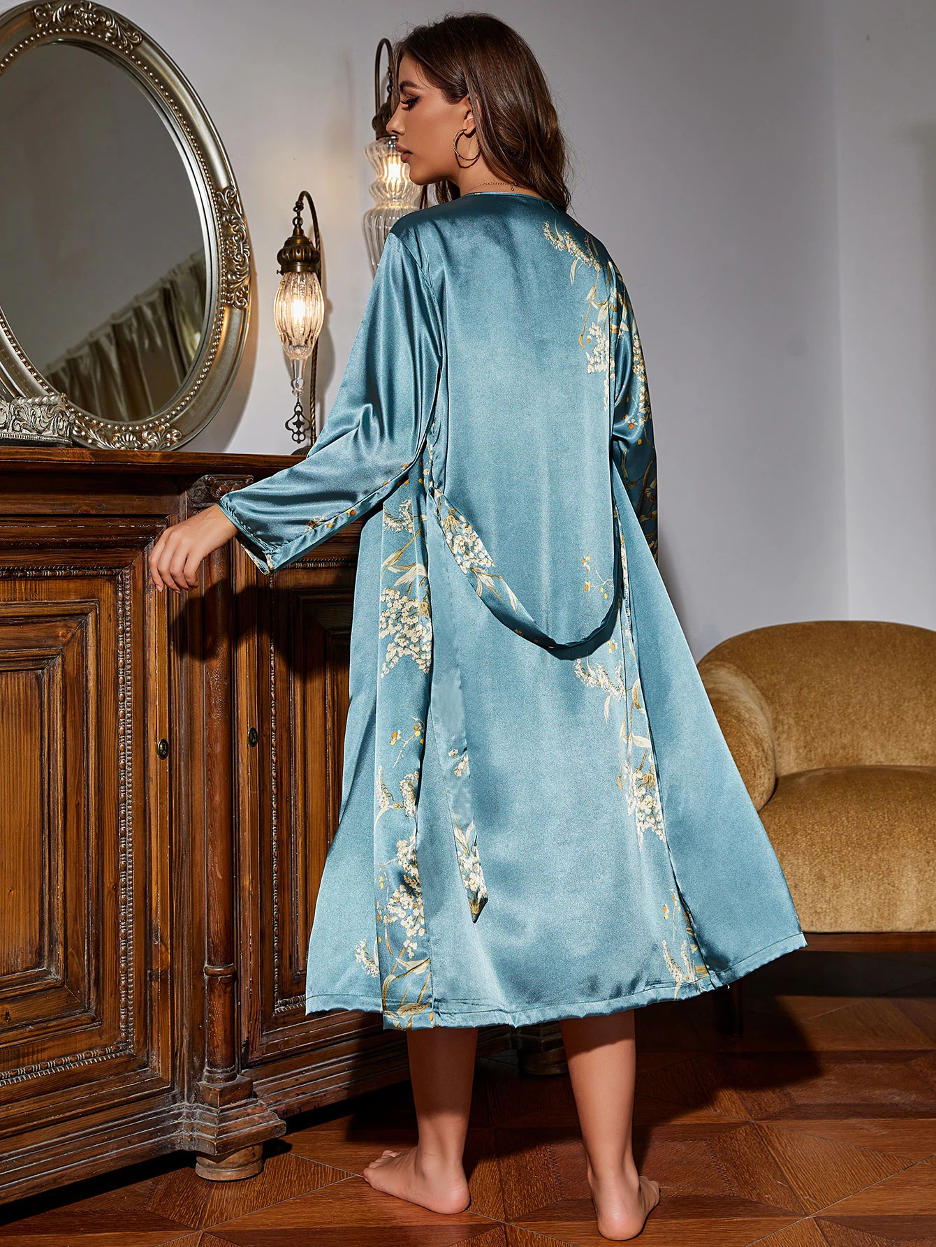 Women's Luxury Floral Print Pajama Set 2 Piece Long Robe with Slip Dress Textured Loungewear