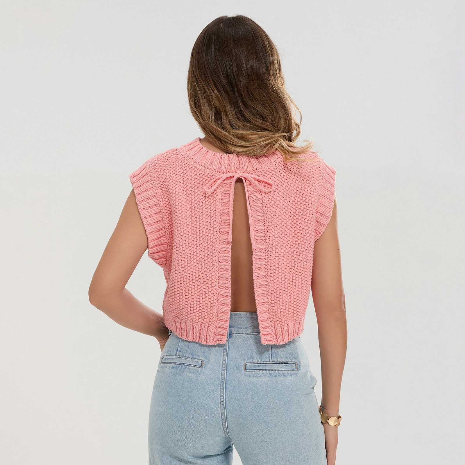 Early Fall Open Back Knit Vest for Women Casual Sleeveless Backless Solid Color Loose Tank Tops Sweater Vest