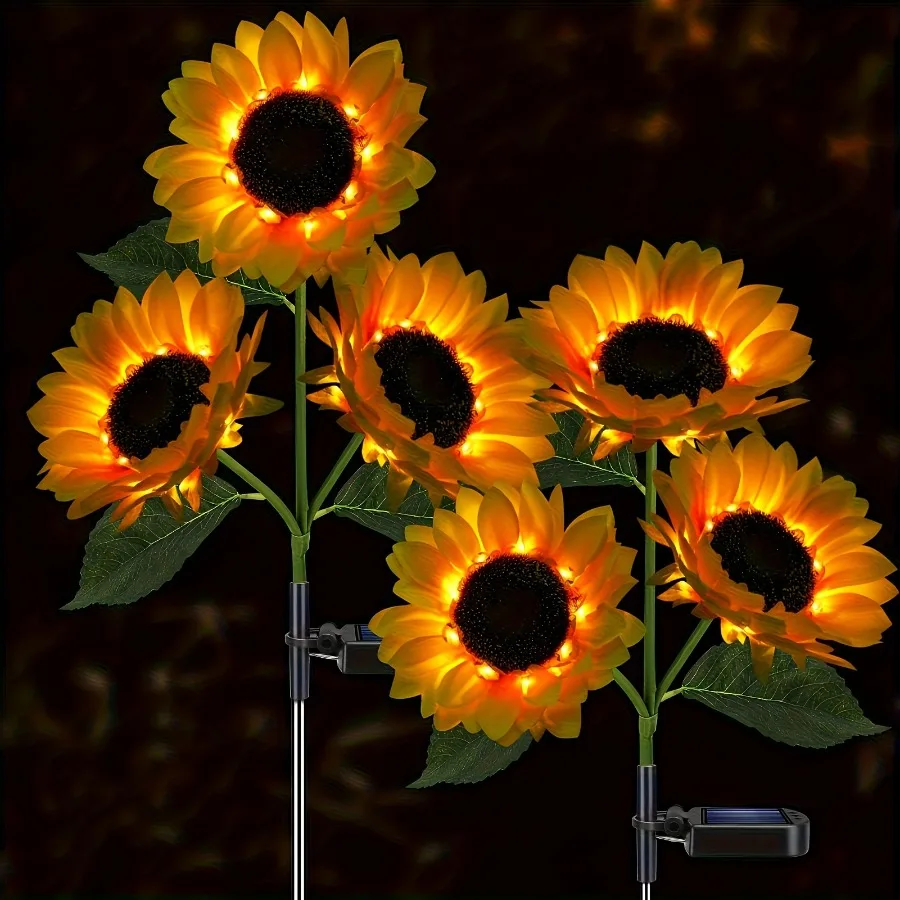 2Pcs Sunflower Solar Lights With LED Lights Yellow Follow Solar Lamps For Patio Lawn Garden Yard Pathway Decoration