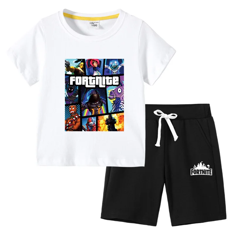 Game Fortnite T-Shirt Suit Anime Short Sleeve Shorts 2 Piece Summer Children Cotton Casual Sportswear Gifts