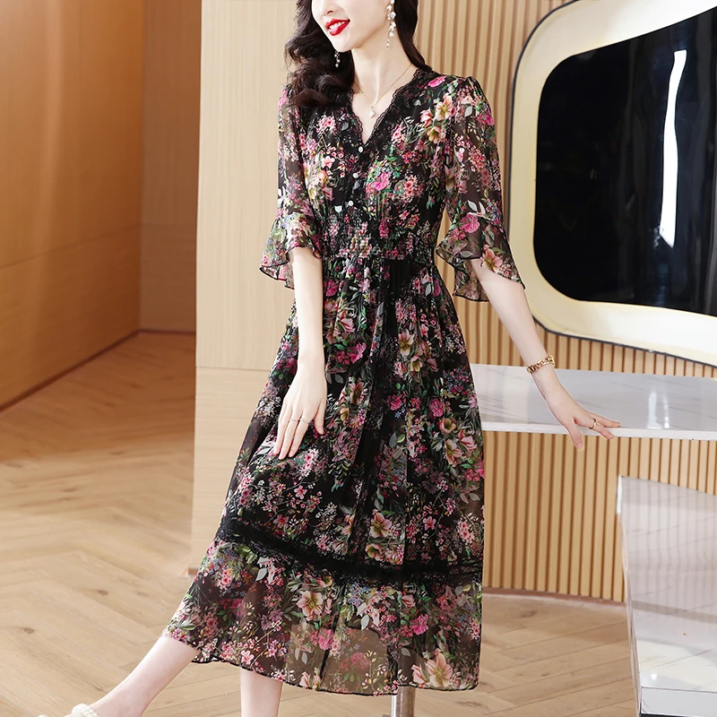 

2025 Summer Floral Silk Elegant Beach Women Dress Promotion Summer Fashion Casual Prom Dress Korean Elegant Luxury Evening Dress