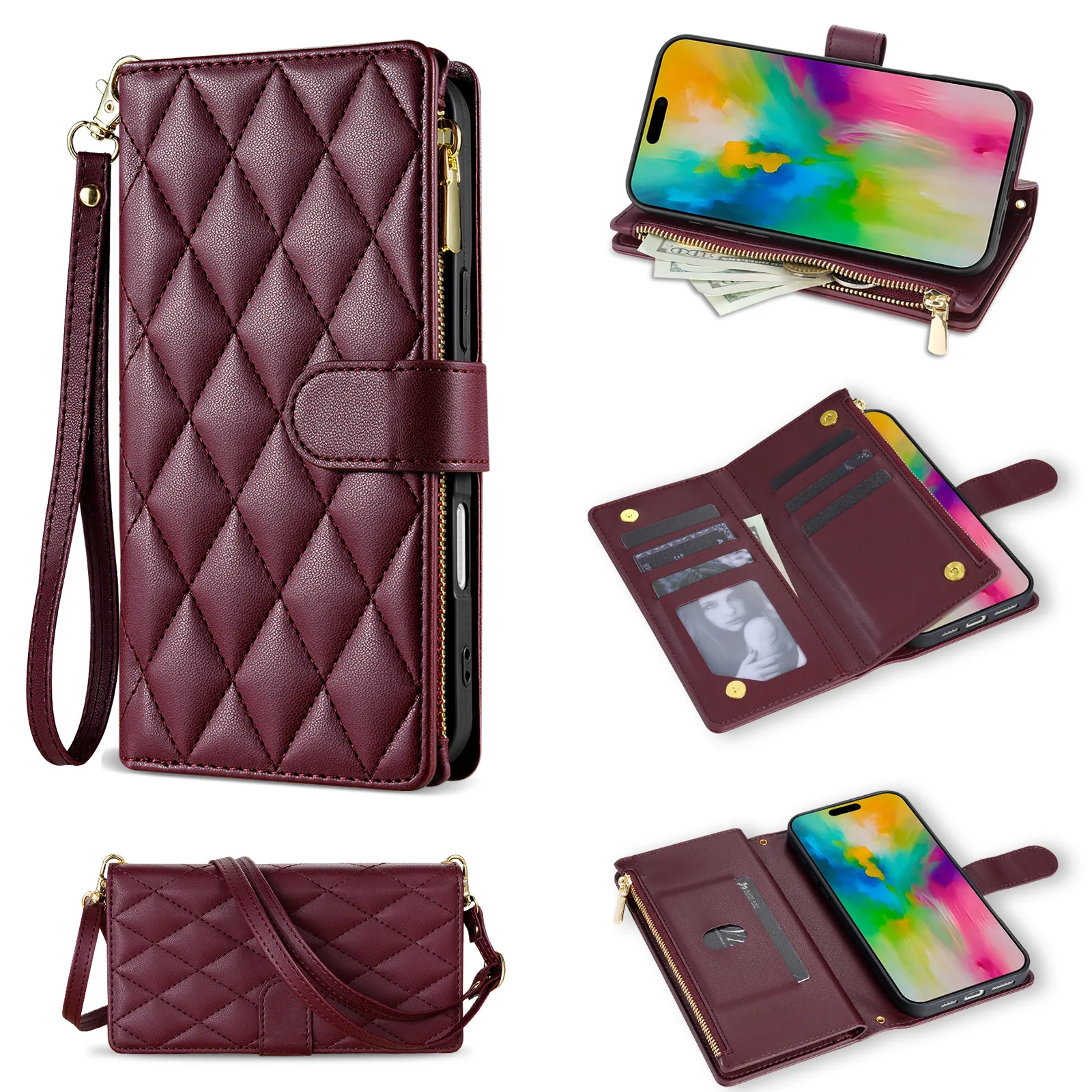 

Diamond Grid Lanyard Crossbody Leather Zipper Wallet Case For Samsung Galaxy A56 A55 A36 A35 A26 A25 A16 A15 A06 A05 A05S Coque