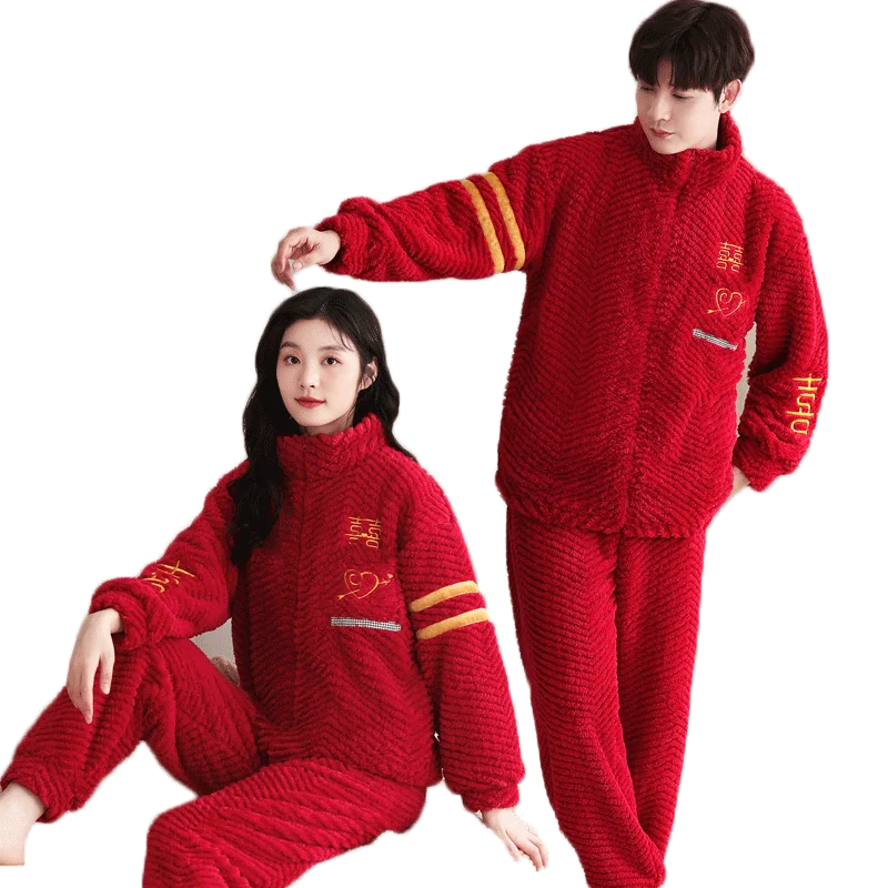 High Quality Couple Pajamas Set Flannel Sleepwear Women Men Warm Fleece Pijama Winter Lovers Kimono Home Clothes