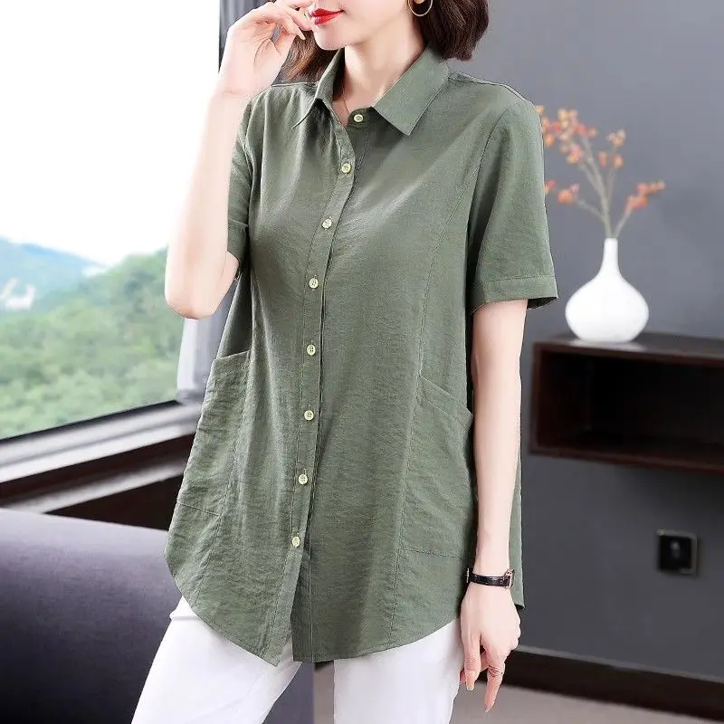 

Women Summer Simplicity Loose Solid Color Polo-Neck Short Sleeve Shirts Women Clothes Casual All-match Appear Thin Elegant Tops