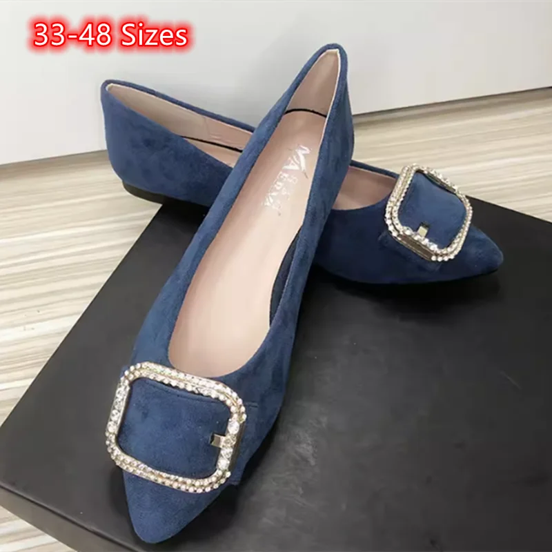

Lady Luxury Designer Ballet Shoes Narrow Toe Black Soft Sole Crystal Buckle Flat Slip-On Royal Blue Green Chaussure Plus Size 48