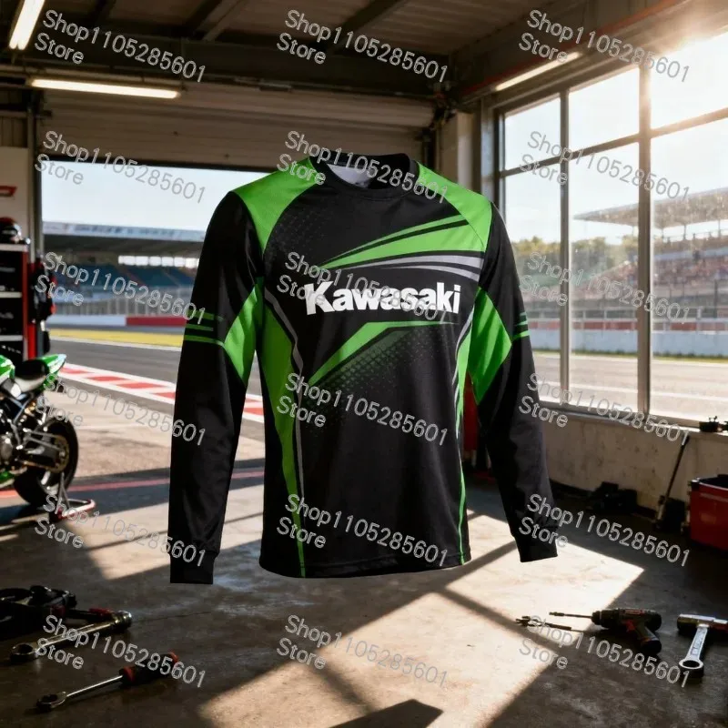 Kawasaki Motorcycle Theme Long-Sleeve T-Shirt Racing Style Print Breathable Casual Top for Riders