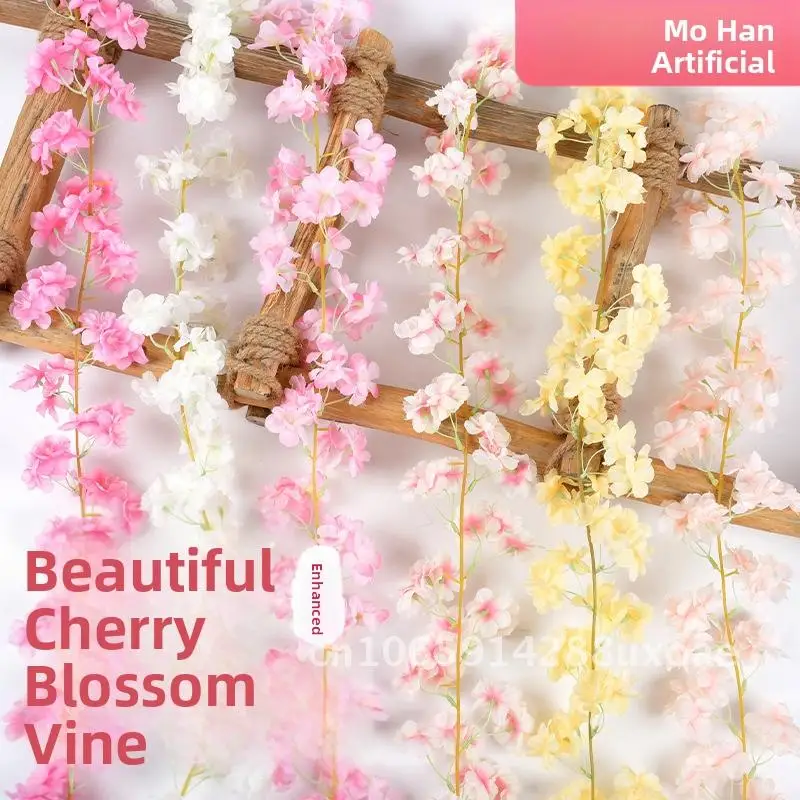 

Artificial Cherry Blossom Vine Rattan Air Conditioning Pipe Cover Decoration Fake Flower Wedding Set Silk Cherry Blossom Vine