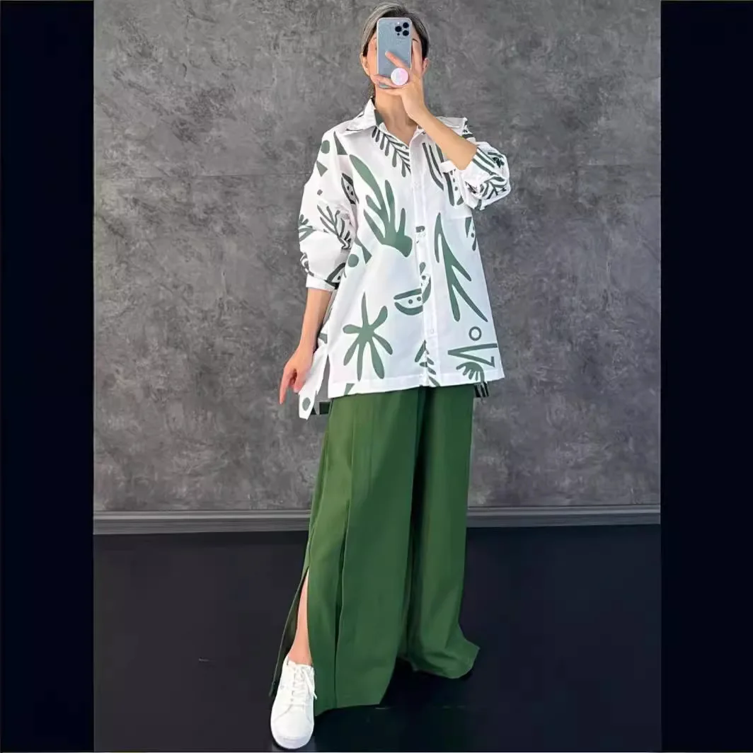 

Spring Summer Loose Vintage Print Shirt Sets Women Long Sleeve Shirts And Wide Legs Trousers Two Piece Set Fashion Streetwear