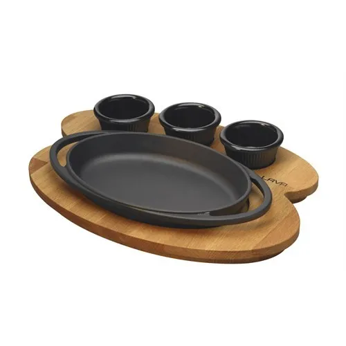 Lava Oval Pan And Wood Coaster, W = 21 X H = 2.5 X D = 14 Cm. (Prices Sauce Containers Are Not Included)