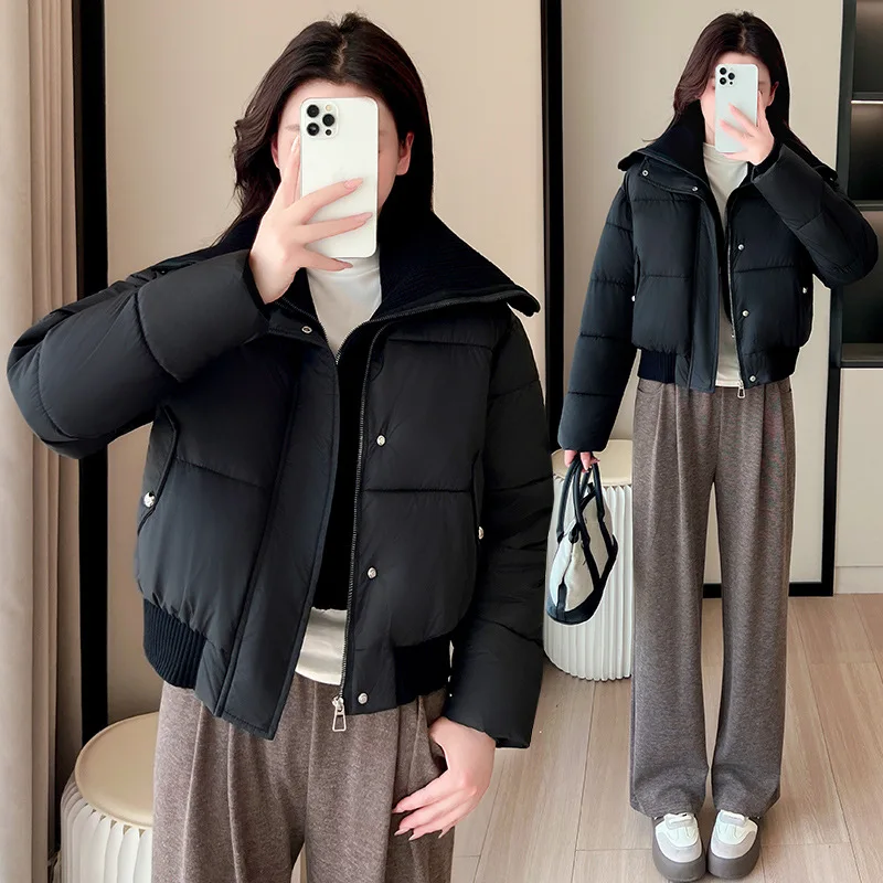 Women Parkas Overcoat Short Coat Solid Zipper Long Sleeve Turn Down Collar Straight Loose Fit Office Lady Casual Winter 2025