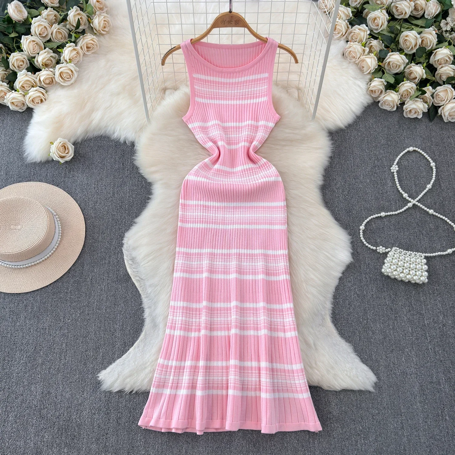 Pink Stripe O-neck Knit Elastic Bodycon Dress Sexy Beach Vacation Slim Sundress Women Casual Pencil Vestidos Maxi Long Dress