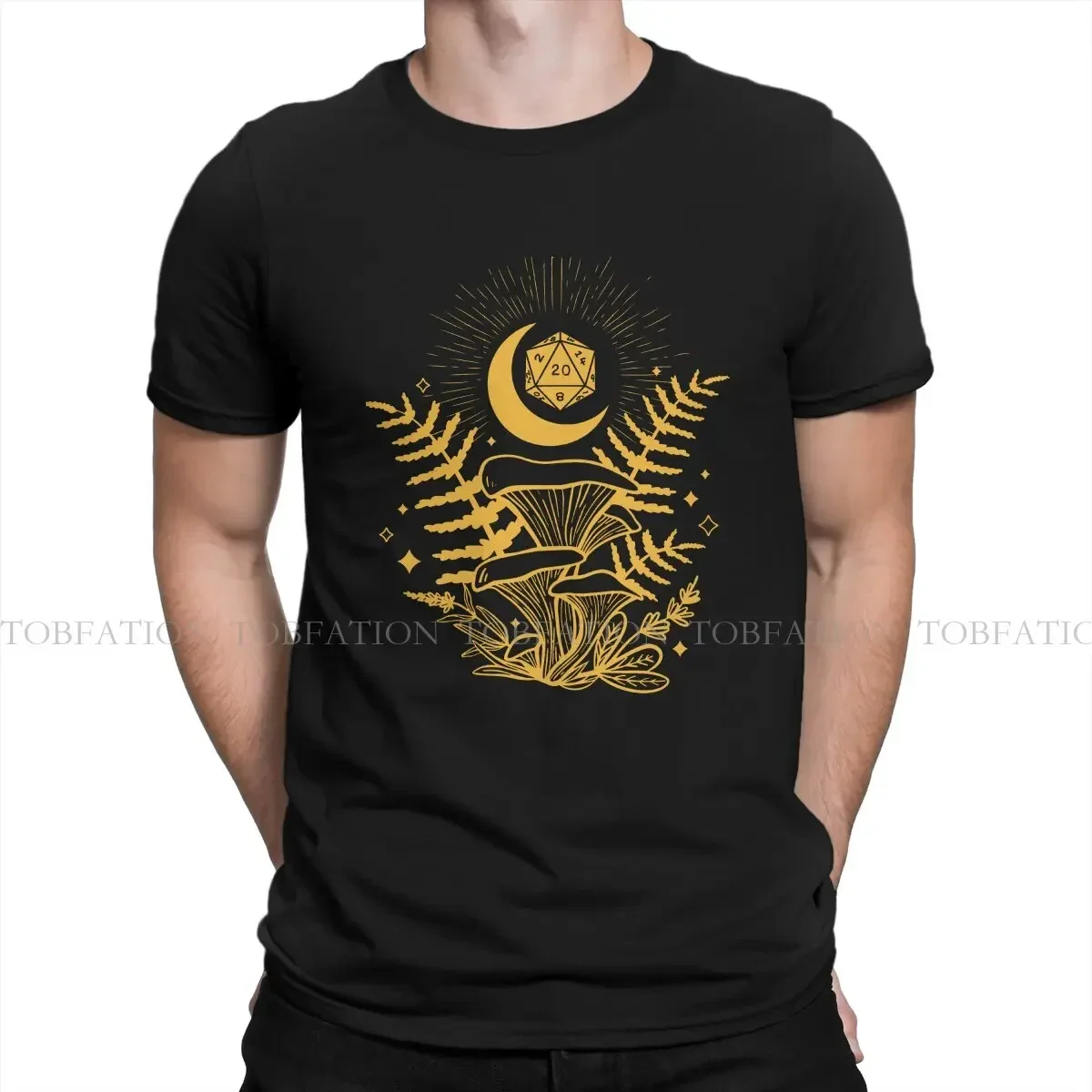 DND Forest Mushroom Fern and Moon D20 for Druid or Nature Cleric 100% Cotton T Shirt Vintage Men's Tee Shirt O-Neck Short Sleeve