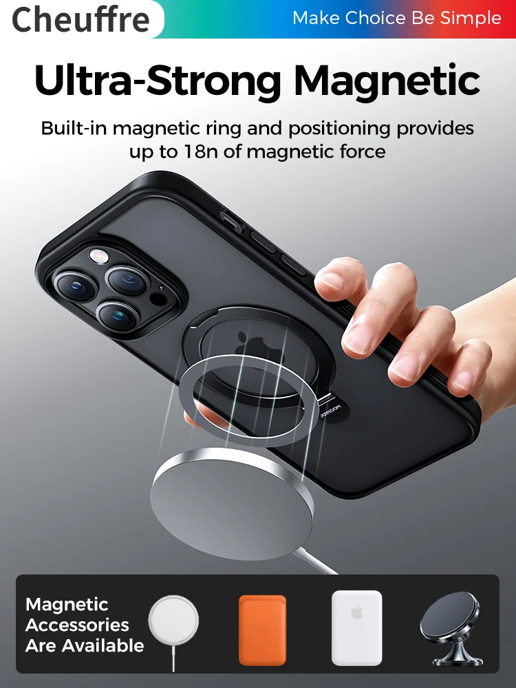Cheuffre Magnetic Case With Holder for iPhone 14 13 Pro Max Frosted Wireless Charging Ring Holder Phone Cove Strong Magnet Case