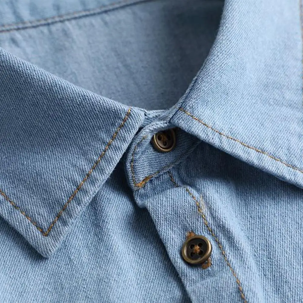 

Women Blue Washed Denim Pointed Collar Solid Color Half Shirt Denim Blue Fake Collars Lapel Buttons Closure 2025 New Turtleneck