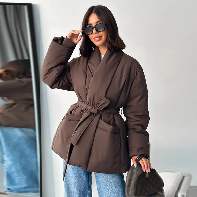 Damen Gefütterte Jacken V-Ausschnitt Langarm Schnürung Übergroße Mäntel Herbst Winter Damen Mantel mit Taschen Einfarbig Locker Geschnitten Schicke Neue Oberbekleidung – Detail 14