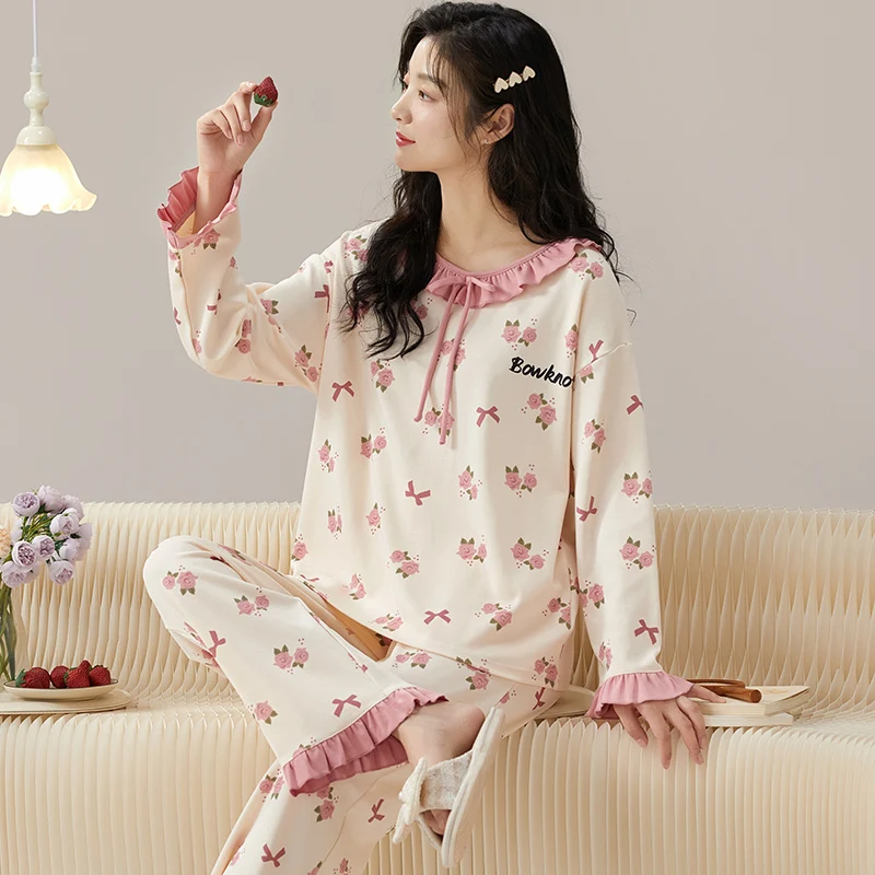 2024 Autumn New Women's Cotton Pajama Set Long Sleeve Trousers Popular Homewear L-2XL Pjs Pyjama Mujer Spring Nightwear Dropship